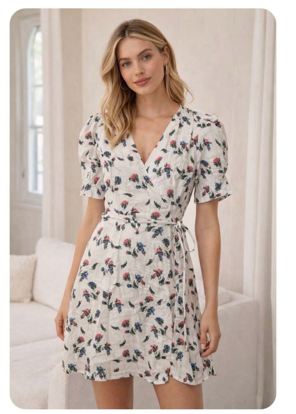 Olivaceous Floral Print Puff Sleeve Wrap Mini Dress
